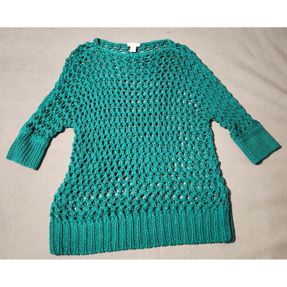 Chico's Size 1 Green Open Knit Crochet Sweater Linen Rayon Boho 3/4 Sleeve